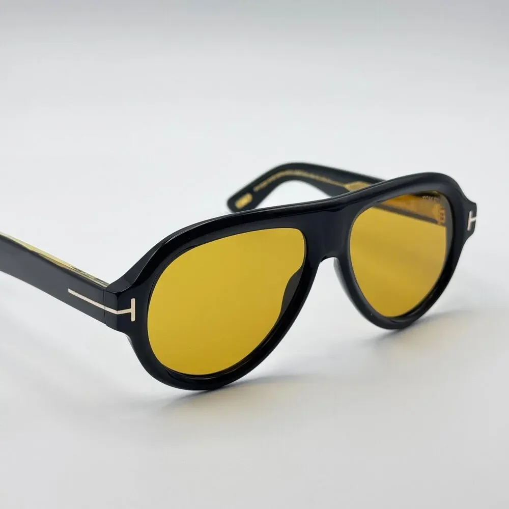 Tom Ford Sunglasses Icon FT1225 01E Black Pilot Frame Amber Lens 59-16-145 New